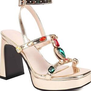 Xmas High Heel Pump Sandals Ankle Strap Rhinestone Platform Square Toe Buckle